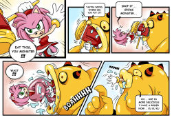 Rule 34 | !, 1boy, 1girl, amy rose, bad end, boots, defeat, dress, eating, erection, furry, furry female, green eyes, hammer, hedgehog, helpless, high heel boots, high heels, imminent death, krlitosss, lips, monster, panels, peril, pink fur, red dress, saliva, sonic (series), sonic lost world, speech bubble, vore, zomom