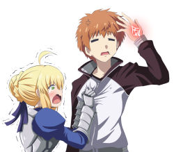 Rule 34 | 1boy, 1girl, ahoge, armor, armored dress, artoria pendragon (all), artoria pendragon (fate), blonde hair, braid, breasts, command spell, closed eyes, fate/grand order, fate/stay night, fate (series), french braid, fujitaka nasu, gauntlets, green eyes, highres, open mouth, orange hair, saber (fate), simple background, tearing up, weapon, white background