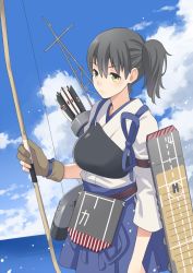 Rule 34 | 10s, 1girl, archery, arrow (projectile), bad id, bad pixiv id, blue sky, bow (weapon), brown eyes, brown hair, cloud, day, flight deck, gloves, japanese clothes, kaga (kancolle), kantai collection, kyuudou, muneate, ocean, partially fingerless gloves, partly fingerless gloves, quiver, radio antenna, short hair, side ponytail, single glove, skirt, sky, solo, tasuki, water, weapon, yugake, yukko0930