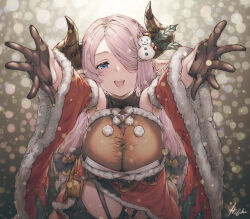 Rule 34 | 1girl, bare shoulders, black gloves, black thighhighs, blue eyes, braid, breasts, detached sleeves, draph, from above, fur-trimmed sleeves, fur trim, garter straps, gloves, granblue fantasy, hair ornament, hair over one eye, heart, heart-shaped pupils, highres, holly, horns, incoming hug, ivris, large breasts, long hair, long sleeves, looking at viewer, narmaya (granblue fantasy), narmaya (holiday) (granblue fantasy), obi, official alternate costume, open mouth, outstretched arms, outstretched hand, pink hair, pointy ears, pom pom (clothes), sash, smile, snowman hair ornament, solo, symbol-shaped pupils, thighhighs, upper body, very long hair