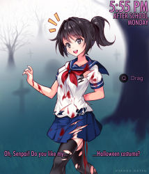 Rule 34 | 1girl, :d, ^^^, arms behind back, artist name, ayano aishi, black bra, black thighhighs, blood, blood on clothes, blue skirt, blush, bra, breasts, brown eyes, collarbone, cowboy shot, english text, evening, eyebrows, fog, gameplay mechanics, graveyard, hair intakes, halloween costume, highres, hyanna-natsu, looking at viewer, medium breasts, monday, neckerchief, open mouth, outdoors, pleated skirt, ponytail, round teeth, shirt, short sleeves, skirt, smile, solo, speech bubble, talking, tareme, teeth, thighhighs, timestamp, tombstone, torn clothes, torn thighhighs, underwear, walking, white shirt, yandere simulator