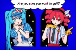 Rule 34 | 2girls, apron, bbunny, blue background, blue dress, blush, bow, dress, drill hair, english text, frilled apron, frills, hair bow, hatsune miku, kasane teto, kasane teto (sv), looking at viewer, mesmerizer (vocaloid), multiple girls, open mouth, own hands together, pink eyes, pink hair, puffy short sleeves, puffy sleeves, shirt, short sleeves, simple background, striped bow, striped clothes, striped shirt, synthesizer v, twin drills, upper body, utau, visor cap, waist apron, when you see it, white apron, wrist cuffs