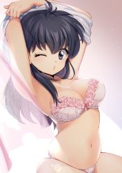 Rule 34 | 1girl, ahoge, armpits, arms behind head, arms up, black eyes, black hair, bra, breasts, blowing bubbles, cleavage, collaboration, commentary, cyocomi4, highres, higurashi kagome, indoors, inuyasha, lace, lace-trimmed bra, lace trim, large breasts, light particles, long hair, looking at viewer, midriff, motobi (mtb umk), navel, one eye closed, panties, parted lips, puckered lips, solo, sunlight, symbol-only commentary, underwear, underwear only, undressing, white bra, white panties, wink