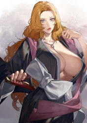 Rule 34 | 1girl, absurdres, bleach, blonde hair, blue eyes, breasts, cleavage, haori, highres, huge breasts, japanese clothes, jewelry, large breasts, long hair, looking at viewer, matsumoto rangiku, mole, mole under mouth, necklace, simple background, sokuse kienta, solo, sword, taichou haori, weapon, wide sleeves