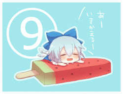 Rule 34 | 1girl, blue hair, blush, bow, cirno, dress, food, fruit, hair bow, ice, ice cream, ice wings, mtut7, open mouth, popsicle, ribbon, short hair, solo, touhou, wasabi shouyu, watermelon, watermelon bar, wings