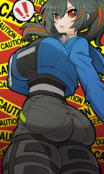 Rule 34 | !, !!, 1girl, absurdres, ass, black gloves, black hair, blue jacket, breasts, gloves, hair between eyes, high-waist pants, highres, huge ass, jacket, large breasts, long hair, looking at viewer, multicolored hair, nishitin, orange eyes, pants, police, police uniform, policewoman, ponytail, red eyes, red hair, solo, streaked hair, thick thighs, thighs, zenless zone zero, zhu yuan