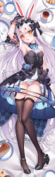 Rule 34 | 1girl, animal ears, armpits, azur lane, bed sheet, black footwear, black gloves, black hairband, black skirt, blush, brown thighhighs, cake, clothes lift, cup, dakimakura (medium), female focus, food, fork, frilled hairband, frills, full body, gloves, hairband, highres, iranon (new iranon), knife, lifted by self, long hair, looking at viewer, lying, on back, open mouth, panties, plate, rabbit ears, shimakaze (azur lane), shimakaze (the white rabbit of wonderland) (azur lane), shoes, skirt, skirt lift, solo, striped clothes, striped panties, teacup, thick eyebrows, thighhighs, thighs, underwear, white hair, white panties, yellow eyes