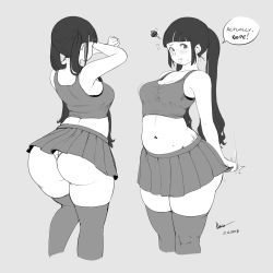 Rule 34 | 1girl, ^^^, ass, black hair, blunt bangs, blush, breasts, clothes pull, dated, grey background, greyscale, highres, long hair, looking at viewer, medium breasts, monochrome, motion lines, multiple views, navel, nsio, pleated skirt, plump, signature, skirt, skirt pull, sweat, tareme, taut clothes, thick thighs, thighhighs, thighs, twintails