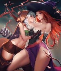 Rule 34 | 2girls, grabbing another&#039;s breast, breasts, cleavage, dragon&#039;s crown, elf, elf (dragon&#039;s crown), grabbing, highres, large breasts, long hair, multiple girls, pointy ears, red hair, sakimichan, silver hair, sorceress (dragon&#039;s crown), witch, yuri
