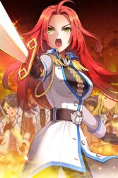 Rule 34 | 1girl, belt, breasts, coat, epaulettes, fire, gloves, jaina preventer, jeyina, large breasts, long hair, lowres, open mouth, pants, red hair, solo focus, striped, sword, sword girls, weapon, yellow eyes