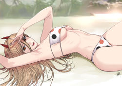 Rule 34 | 1girl, :d, arm up, armpits, bikini, blonde hair, breasts, chainsaw man, commentary, cross-shaped pupils, demon girl, demon horns, eyepatch bikini, from side, horns, long hair, looking at viewer, looking to the side, lying, medium breasts, on back, on ground, open mouth, polka dot, polka dot bikini, power (chainsaw man), red eyes, red horns, sand, sharp teeth, signature, smile, solo, swimsuit, symbol-shaped pupils, teeth, underboob, upper teeth only, xter