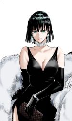 Rule 34 | 1girl, artist request, bag, black dress, black gloves, breasts, cleavage, coat, dress, earrings, elbow gloves, evening gown, fubuki (one-punch man), fur coat, gloves, green eyes, handbag, highres, jewelry, large breasts, looking at viewer, necklace, one-punch man, pearl necklace, solo, watch
