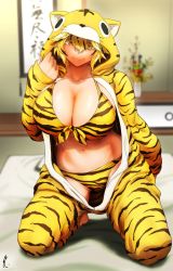 Rule 34 | 1girl, alternate costume, animal costume, animal ears, animal print, arm up, blonde hair, blurry, blurry background, blush, breasts, cleavage, closed mouth, collarbone, commentary request, depth of field, flower pot, futon, hair between eyes, hanging scroll, highres, koyubi (littlefinger1988), large breasts, lips, long sleeves, looking at viewer, multicolored hair, navel, open clothes, panties, scroll, shelf, shiny skin, signature, sitting, slit pupils, smile, solo, stomach, streaked hair, tiger costume, tiger ears, tiger print, toramaru shou, touhou, two-tone hair, underwear, whiskers, yellow eyes, zipper pull tab