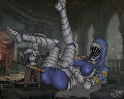 Rule 34 | 1boy, 1girl, anus, armor, blue skin, breasts, club (weapon), colored skin, dancer of the boreal valley, dark souls (series), dark souls i, dark souls iii, giant, giantess, gray skull, highres, pussy, size difference, weapon