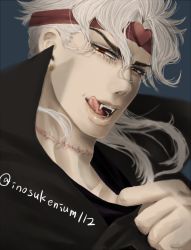 Rule 34 | 1boy, clothes pull, dio brando, earrings, eyebrows, eyelashes, fangs, headband, inosuke112, jewelry, jojo no kimyou na bouken, male focus, open mouth, pale skin, portrait, red eyes, scar, shirt pull, smile, solo, tongue, tongue out, twitter username, white hair