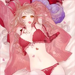 Rule 34 | 1girl, arms up, bad id, bad pixiv id, bed sheet, bra, breasts, cardigan, dated, grey hair, heart, heart-shaped pillow, jewelry, lace, lace-trimmed bra, lace trim, long hair, looking at viewer, lying, medium breasts, messy hair, mouth hold, navel, necklace, on back, open bra, orange eyes, original, panties, pillow, pink cardigan, red bra, red panties, signature, solo, underwear, yua (tick-tack)