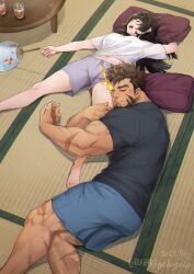Rule 34 | 1boy, 1girl, bara, barefoot, beard, black hair, black shirt, blue shirt, breasts, brown hair, closed eyes, closed mouth, cross scar, dated, f69g, facial hair, feet out of frame, flaming eye, glasses, grey shorts, hand fan, heracles (housamo), highres, hime cut, holding another&#039;s leg, long hair, lying, medium breasts, muscular, muscular male, on back, on side, open mouth, pillow, protagonist 2 (housamo), scar, scar on arm, scar on face, scar on leg, shirt, short hair, short sleeves, shorts, signature, sleeping, table, tatami, thick arms, tokyo houkago summoners, white shirt
