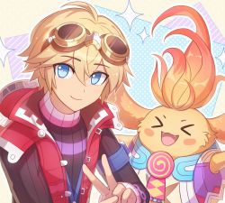 Rule 34 | &gt; &lt;, 2boys, :d, blonde hair, blue eyes, blush stickers, enni, fangs, goggles, goggles on head, male focus, multiple boys, nintendo, nopon, open mouth, patterned background, red vest, riki (xenoblade), shulk (xenoblade), smile, upper body, v, vest, xenoblade chronicles 1, xenoblade chronicles (series)