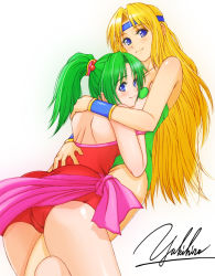 Rule 34 | 1990s (style), 2girls, adapted costume, ass, back, bad id, bad pixiv id, bare shoulders, barefoot, blonde hair, blue eyes, blush, grabbing another&#039;s breast, breasts, celes chere, final fantasy, final fantasy vi, from side, grabbing, green hair, groin, hair bobbles, hair ornament, hand on another&#039;s back, hand on another&#039;s shoulder, headband, high ponytail, hug, leotard, light smile, long hair, looking at viewer, looking back, multiple girls, parted bangs, ponytail, red leotard, retro artstyle, sarong, signature, small breasts, straddling, strapless, strapless leotard, taut clothes, thigh straddling, thighs, tina branford, vambraces, very long hair, wristband, yukihiro, yuri