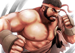 Rule 34 | 1boy, abs, bara, bare pectorals, beard, black hair, bulge, clenched hands, clenched teeth, facial hair, fighting stance, frown, headband, kemokemumaki, large pectorals, male focus, mature male, muscular, muscular male, mustache, nipples, official alternate costume, pectorals, red headband, ryu (street fighter), sash, short hair, solo, street fighter, street fighter 6, teeth, thick eyebrows, upper body