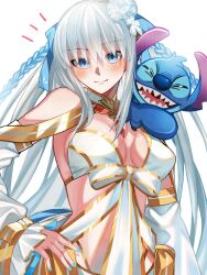 Rule 34 | blue eyes, euhage73, evil smile, fate/grand order, fate (series), flower, hair flower, hair ornament, highres, jewelry, lilo &amp; stitch, makeup, morgan le fay (fate), nail polish, ribbon, smile, stitch (lilo &amp; stitch), swimsuit, tonelico (fate), white hair, white swimsuit