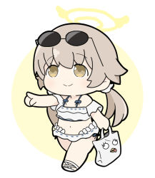 Rule 34 | 1girl, bag, bare shoulders, bikini, blue archive, brown eyes, brown hair, chibi, closed mouth, commentary request, eyewear on head, frilled bikini, frills, halo, hifumi (blue archive), hifumi (swimsuit) (blue archive), holding, holding bag, long hair, looking away, low twintails, navel, nyaru (nyaru 4126), outstretched arm, paper bag, peroro (blue archive), pointing, sandals, smile, solo, sunglasses, swimsuit, twintails, two-tone background, very long hair, white background, white bikini, white footwear, yellow background