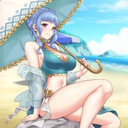 Rule 34 | 1girl, bare shoulders, beach, bikini, blue bikini, blue hair, blue sky, braid, breasts, brown eyes, cleavage, cloud, commentary, commission, crown braid, day, feet out of frame, fire emblem, fire emblem: three houses, fire emblem heroes, highres, holding, holding umbrella, igni tion, jacket, jewelry, large breasts, legs, long hair, looking at viewer, marianne von edmund, marianne von edmund (summer), neck ring, nintendo, ocean, off shoulder, official alternate costume, open clothes, open jacket, outdoors, sarong, sitting, sky, smile, solo, swimsuit, thighs, umbrella, water, white umbrella