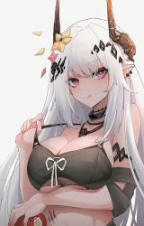 Rule 34 | 1girl, :q, absurdres, arknights, bare shoulders, bikini, black bikini, black choker, breasts, choker, commentary request, flower, grey background, hair flower, hair ornament, hand up, highres, horns, infection monitor (arknights), jewelry, juejue, large breasts, long hair, looking at viewer, material growth, mudrock (arknights), mudrock (silent night) (arknights), necklace, official alternate costume, oripathy lesion (arknights), pink eyes, pointy ears, silver hair, simple background, smile, solo, stomach, strap pull, swimsuit, tongue, tongue out, upper body, very long hair, yellow flower
