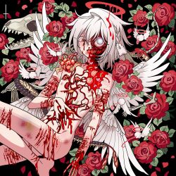 Rule 34 | 1boy, albino, androgynous, angel, animal skull, bad id, bad twitter id, bleeding, blood, blood on arm, blood on face, blood on hands, blood on leg, bruise, bug, centipede, completely nude, cuts, exposed muscle, eyeball, feathered wings, floral background, flower, guro, halo, heart, highres, injury, intestines, looking at viewer, maggot, male focus, melting halo, meremero, multiple wings, nude, organs, original, pectorals, red eyes, red flower, red halo, red rose, rose, short hair, skeletal hand, smile, solo, teeth, white hair, white wings, wings
