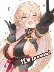 Rule 34 | 1girl, ;d, armpits, black dress, black gloves, blonde hair, blush, breasts, cleavage, double v, dress, fang, gloves, hair between eyes, highres, kanzarin, large breasts, long hair, looking at viewer, nijisanji, nui sociere, nui sociere (1st costume), one eye closed, open mouth, smile, solo, v, very long hair, virtual youtuber, yellow eyes