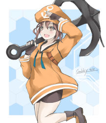 Rule 34 | 1girl, anchor, anchor symbol, bike shorts, brown eyes, brown hair, commentary request, cosplay, cowboy shot, gakky, guilty gear, hat, hood, hooded sweater, hoodie, ikazuchi (kancolle), kantai collection, looking at viewer, may (guilty gear), may (guilty gear) (cosplay), one-hour drawing challenge, orange hat, orange hoodie, oversized object, salute, short hair, solo, sweater