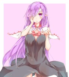 Rule 34 | 1girl, bandages, bandage over one eye, black dress, blush, breasts, cleavage, covered navel, dress, fingernails, hand on own face, large breasts, long fingernails, long hair, looking at viewer, open mouth, original, pointy ears, purple eyes, purple hair, rinrin (927413), solo, very long hair