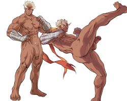 Rule 34 | 1boy, ass, bandaged arm, bandages, bara, blaziken, blonde hair, completely nude, creatures (company), dark-skinned male, dark skin, dizdoodz, erection, flaccid, game freak, gen 3 pokemon, headband, high kick, highres, kicking, male focus, nintendo, nude, personification, pokemon, red headband, short hair, simple background, standing, standing on one leg, testicles, thick eyebrows, thick thighs, thighs, white background
