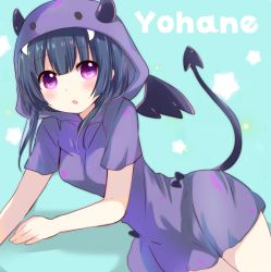 Rule 34 | 1girl, blue background, blue hair, character name, demon tail, hood, hoodie, horns, looking at viewer, love live!, love live! school idol festival, love live! sunshine!!, mikurun, open mouth, purple eyes, short sleeves, solo, star (symbol), tail, tsushima yoshiko, wide hips, wings