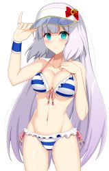 Rule 34 | 1girl, arm up, bare shoulders, bikini, blush, breasts, cleavage, closed mouth, collarbone, commentary request, frilled bikini, frills, front-tie bikini top, front-tie top, green eyes, groin, gundam, gundam exa, halterneck, hand on headwear, iseshi, long hair, medium breasts, navel, see-through, side-tie bikini bottom, silver hair, simple background, smile, solo, standing, sthesia awar, striped bikini, striped clothes, swimsuit, very long hair, visor cap, white background, wristband