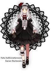 Rule 34 | 1girl, bad id, bad pixiv id, blush, caren hortensia, character name, copyright name, curtsey, dairii, doily, fate/hollow ataraxia, fate (series), female focus, frilled skirt, frills, gothic lolita, highres, lolita fashion, long hair, looking at viewer, skirt, skirt hold, smile, solo, very long hair, white hair, yellow eyes