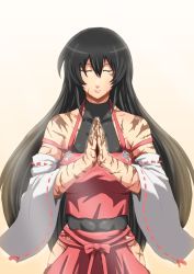 Rule 34 | 1girl, abs, aura, black hair, breasts, closed eyes, detached sleeves, hakama, hakama skirt, highres, japanese clothes, kongari tokei, leotard, long hair, m.u.g.e.n, nontraditional miko, original, own hands clasped, own hands together, praying, red hakama, scar, sendai hakurei no miko, simple background, skirt, solo, touhou, white background, wide sleeves