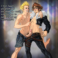 Rule 34 | 2boys, anma (ryuichi87), blonde hair, brown hair, erection, final fantasy, final fantasy viii, highres, male focus, multiple boys, naughty face, penis, squall leonhart, undressing, yaoi, zell dincht