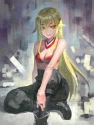 Rule 34 | 1girl, bare arms, bare shoulders, black footwear, blonde hair, boots, bra, breasts, commentary request, copyright request, detached collar, fang, fang out, green pants, hair between eyes, long hair, looking at viewer, medium breasts, orange eyes, pants, red bra, shuichi wada, sitting, sketch, smile, solo, soukou akki muramasa, underwear, very long hair