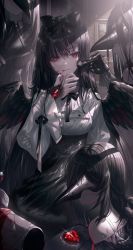 Rule 34 | 4girls, absurdres, bare shoulders, black bow, black hair, black neckwear, black skirt, black wings, blood, blood on face, bow, bowtie, breasts, closed mouth, commentary, english commentary, feathered wings, frilled shirt, frilled sleeves, frills, gem, glint, hair bow, hair brush, high-waist skirt, highres, indoors, long hair, long sleeves, looking at viewer, makeup brush, mask, medium breasts, multiple girls, okazu (eightstudio), original, red eyes, red gemstone, shirt, skirt, solo focus, straight hair, very long hair, white shirt, wide sleeves, wings