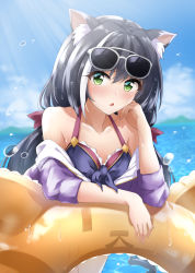 Rule 34 | 1girl, absurdres, animal ear fluff, animal ears, arm rest, arm support, bare shoulders, black hair, blush, breasts, cat ears, cat girl, cloud, eyewear on head, green eyes, highres, innertube, karyl (princess connect!), long hair, looking at viewer, low twintails, multicolored hair, open mouth, princess connect!, raidensan, sky, small breasts, solo, streaked hair, sunglasses on head, sunlight, swim ring, twintails, very long hair, water drop, white hair