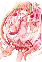 Rule 34 | 1girl, cherry, detached sleeves, food, fruit, hatsune miku, headset, highres, long hair, necktie, petals, pink eyes, pink hair, pink thighhighs, sakura miku, shirogane (ankoromochi), simple background, skirt, solo, thighhighs, twintails, very long hair, vocaloid, white background