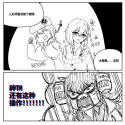 Rule 34 | 2girls, alternate language, angry, animal ears, beer hat, before and after, beret, braid, breasts, cat ears, chinese text, cleavage, clip studio paint (medium), dog tags, energy drink, flexing, girls&#039; frontline, hair between eyes, hat, korean commentary, lab coat, long hair, looking at viewer, madcore, medium breasts, mg3 (girls&#039; frontline), mg3 (urban holiday) (girls&#039; frontline), monochrome, monster energy, multiple girls, off-shoulder sweater, off shoulder, open mouth, persica (girls&#039; frontline), smile, sweat, sweater, translation request