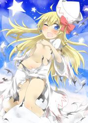 Rule 34 | 1girl, blonde hair, blue eyes, blush, boroe, dress, gradient background, highres, lily white, navel, nobamo pieruda, one eye closed, open mouth, shirt, skirt, socks, solo, tears, torn clothes, torn dress, torn shirt, torn skirt, torn sleeves, touhou, wince