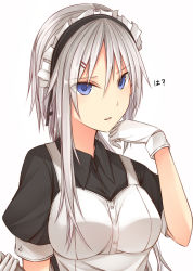 Rule 34 | 1girl, blue eyes, breasts, commentary request, gloves, hair ornament, hairband, hairclip, kanpyo (hghgkenfany), looking at viewer, medium breasts, original, short sleeves, silver hair, simple background, solo, upper body, white background, white gloves
