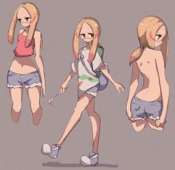 Rule 34 | 1girl, back, bag, blonde hair, breasts, bright pupils, creatures (company), cropped legs, cutoffs, denim, denim shorts, expressionless, full body, game freak, grey background, half-closed eyes, lamb-oic029, long hair, mina (pokemon), multiple views, navel, nintendo, oversized clothes, oversized shirt, paint, paintbrush, pokemon, pokemon sm, ponytail, shirt, shorts, shoulder bag, sidelocks, simple background, standing, tank top, topless, trial captain, white pupils