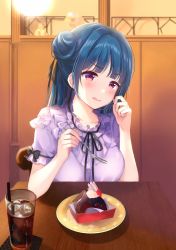 Rule 34 | 1girl, black ribbon, blue hair, blunt bangs, blurry, blurry background, breasts, chair, collarbone, cup, depe, dessert, drinking straw, food, fork, frilled shirt, frills, hair bun, hands up, highres, holding, holding fork, ice, ice cube, indoors, long hair, looking at viewer, love live!, love live! sunshine!!, medium breasts, neck ribbon, open mouth, pink eyes, plate, purple shirt, ribbon, shirt, short sleeves, single hair bun, sitting, soda, solo, table, tsushima yoshiko, upper body, wooden table