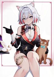 Rule 34 | 1girl, :3, absurdres, animal ear fluff, animal ears, bare shoulders, belt, black belt, black gloves, blue eyes, breasts, cat, cat ears, cleavage, commentary request, feet out of frame, gloves, grey hair, hair ornament, hand up, highres, honkai: star rail, honkai (series), kemonomimi mode, large breasts, looking at viewer, medium breasts, numby (honkai: star rail), short hair, smile, solo, standing, thigh strap, thighs, topaz (honkai: star rail), trotter (honkai: star rail), yan kodiac