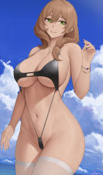 Rule 34 | 1girl, absurdres, black one-piece swimsuit, blue sky, bracelet, breasts, brown hair, cloud, commentary, cowboy shot, day, genshin impact, green eyes, hair between eyes, hand up, highres, jewelry, large breasts, lisa (genshin impact), long hair, looking at viewer, navel, necklace, one-piece swimsuit, parted lips, sky, slingshot swimsuit, solo, standing, stomach, strap gap, swimsuit, thighhighs, thighs, water, white thighhighs, zaphn