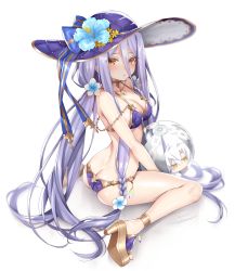 Rule 34 | 1girl, :t, anklet, ass, ball, bare arms, bare shoulders, beachball, bikini, bow, braid, flower, hair between eyes, hat, hat bow, hat flower, hattori masaki, hibiscus, high heels, highres, jewelry, light purple hair, long hair, looking at viewer, looking back, low twintails, orange eyes, pout, purple bikini, purple hat, sennen sensou aigis, simple background, sitting, solo, sun hat, swimsuit, thighs, twintails, very long hair, wariza, white background